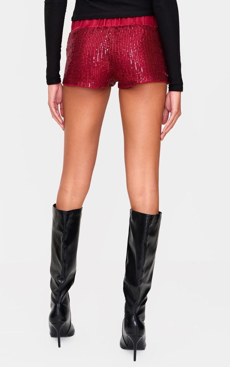 Burgundy Waistband Detail Sequin Mini Shorts Product Image