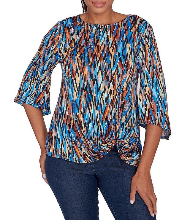 Ruby Rd. Knit Ikat Print Crew Neck Gathered Front Hem 3/4 Sleeve Top Product Image