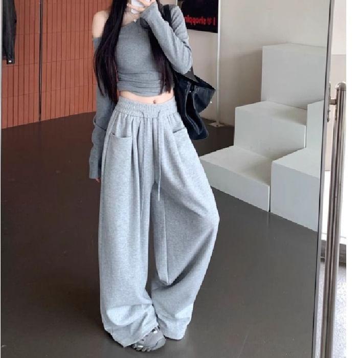 Drawstring Waist Plain Wide Leg Pants Product Image