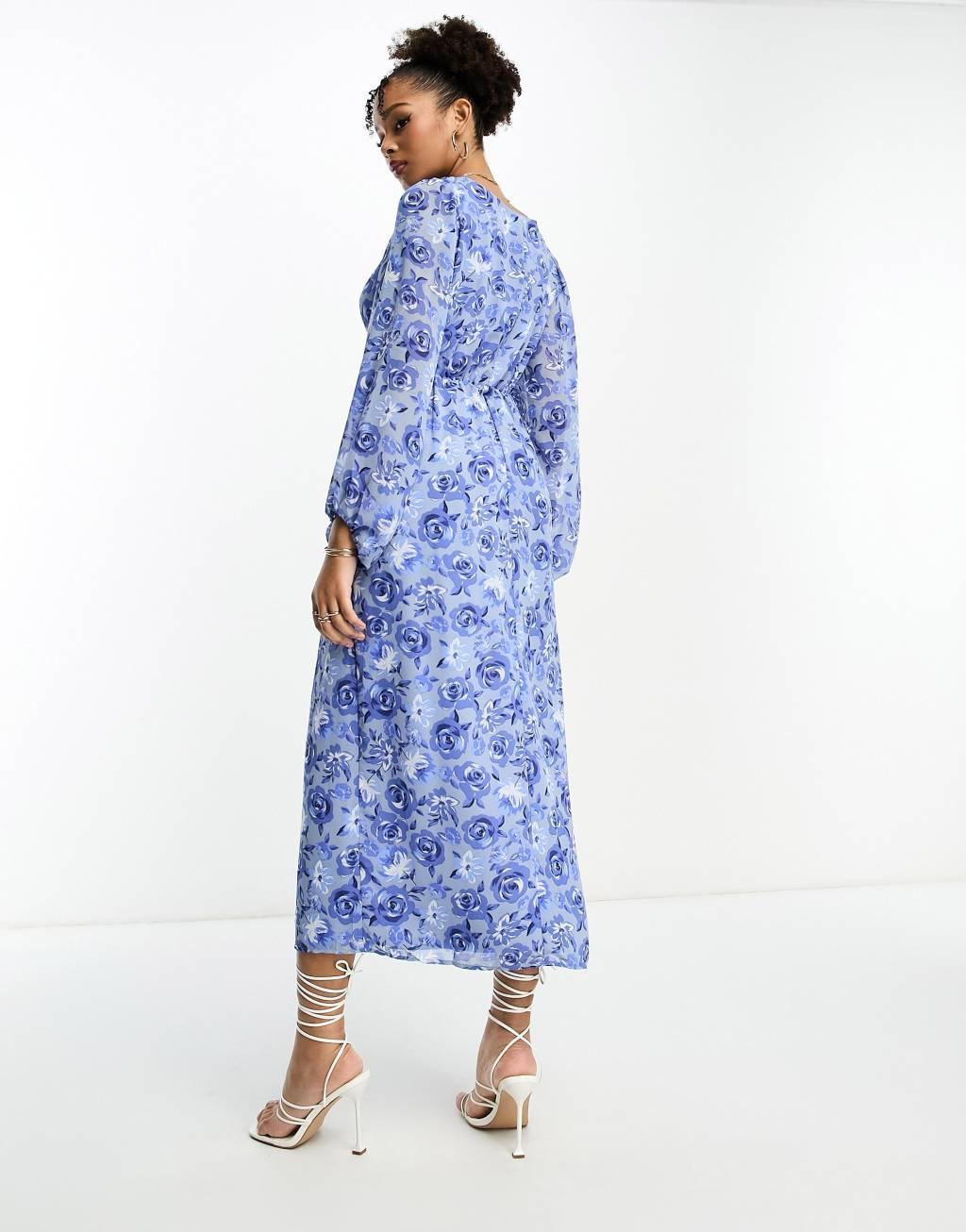 Vila v neck button up maxi dress in blue floral Product Image