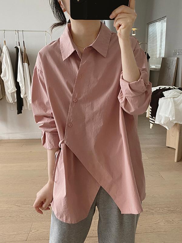 Irregular Clipping Long Sleeves Lace-Up Solid Color Lapel Blouses Product Image