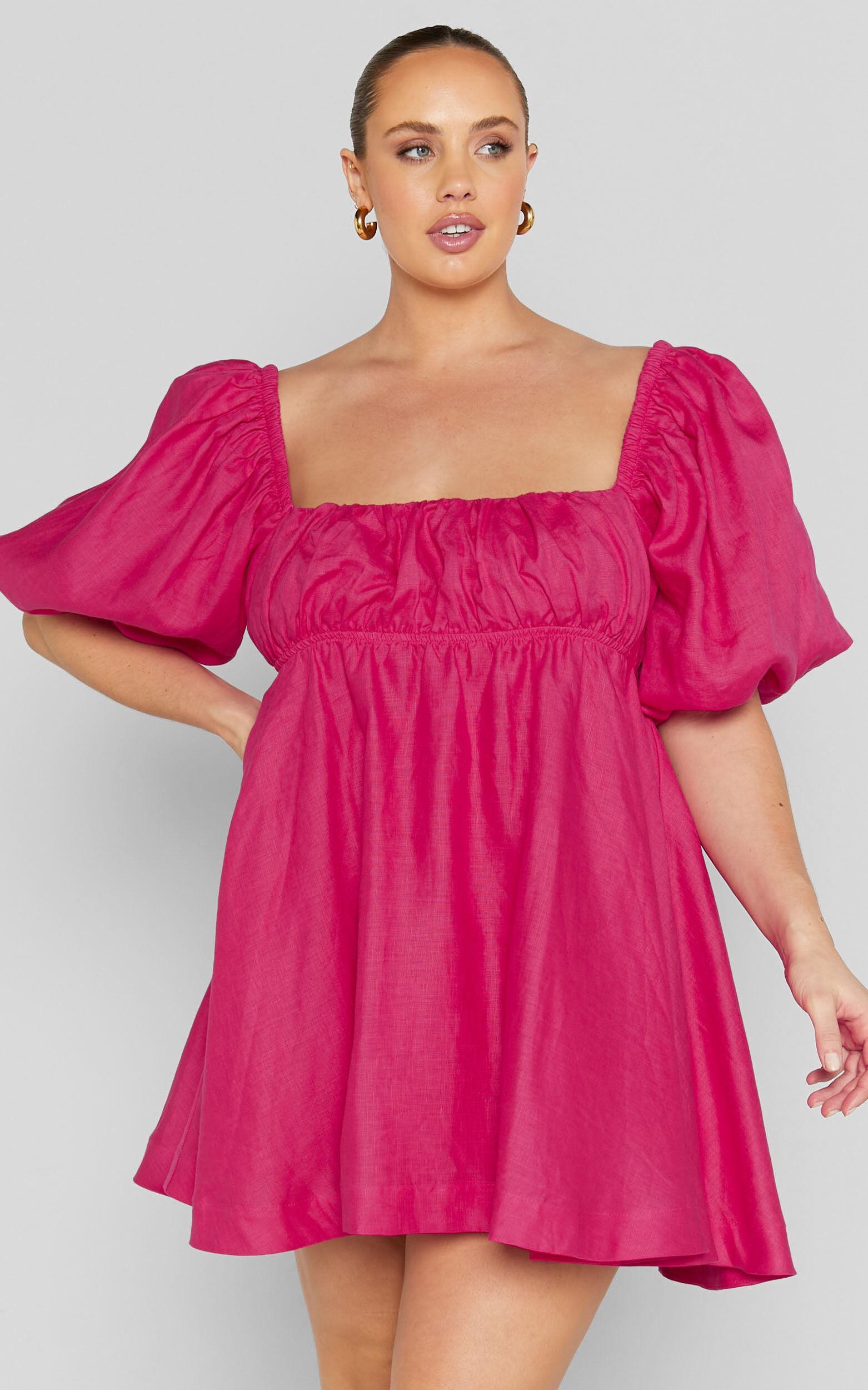 Amalie The Label - Hamyya Linen Tie Back Puff Sleeve Mini Dress in Magenta Product Image