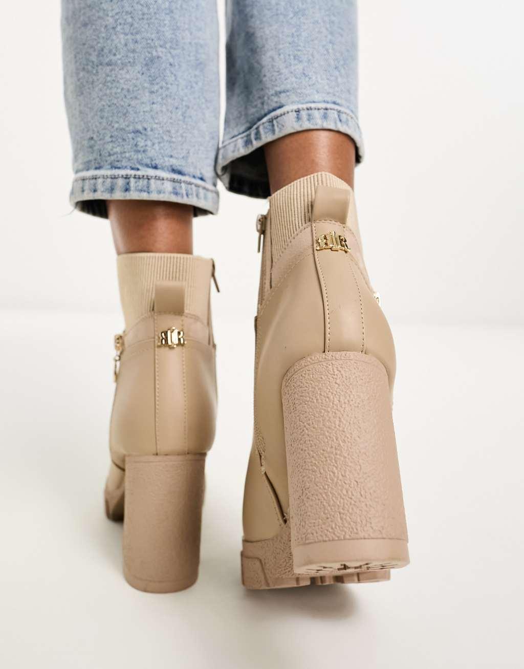 River Island heeled boot with side zip in cream Product Image