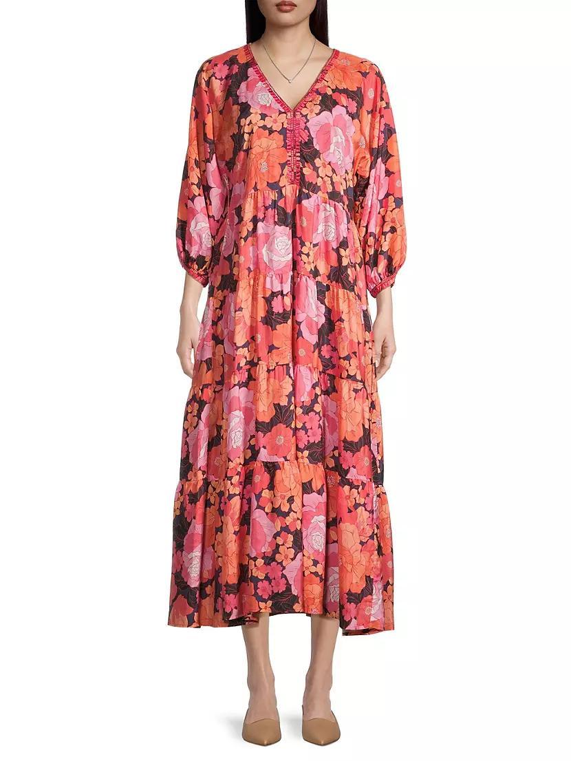 Becca Dolman-Sleeve Floral Silk Midi-Dress Product Image