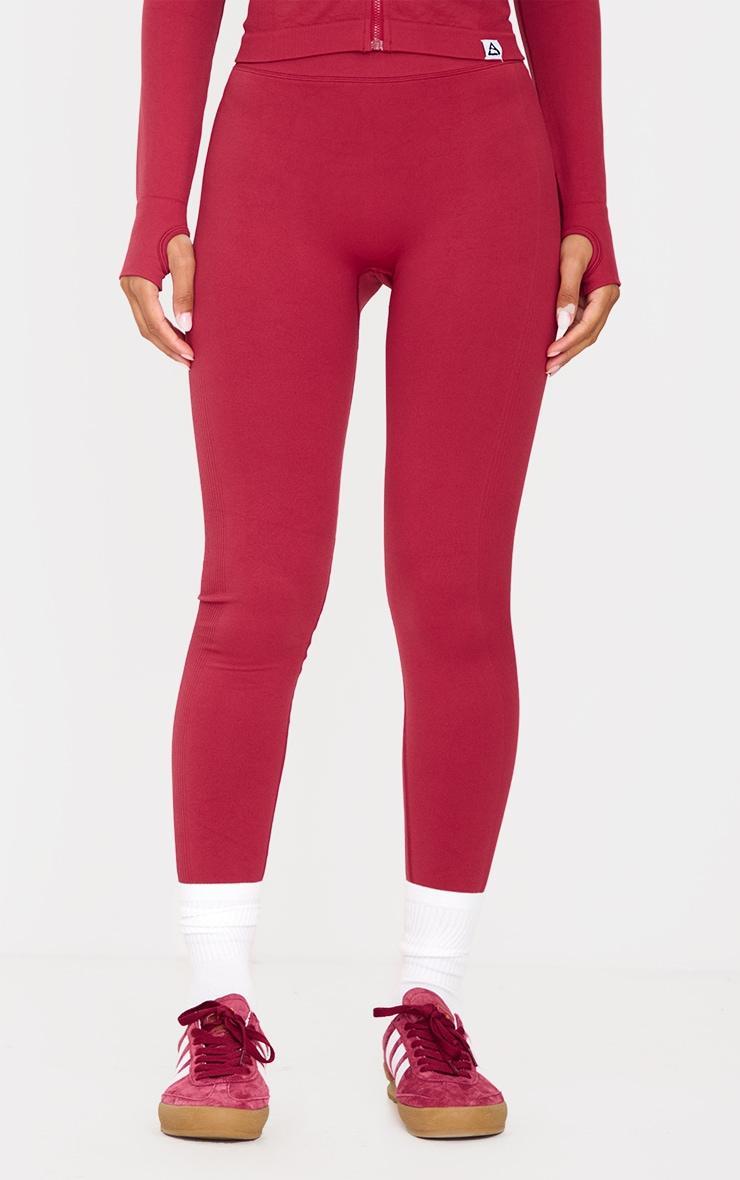 Dark Red Ribbed Detail Gym Leggings Product Image