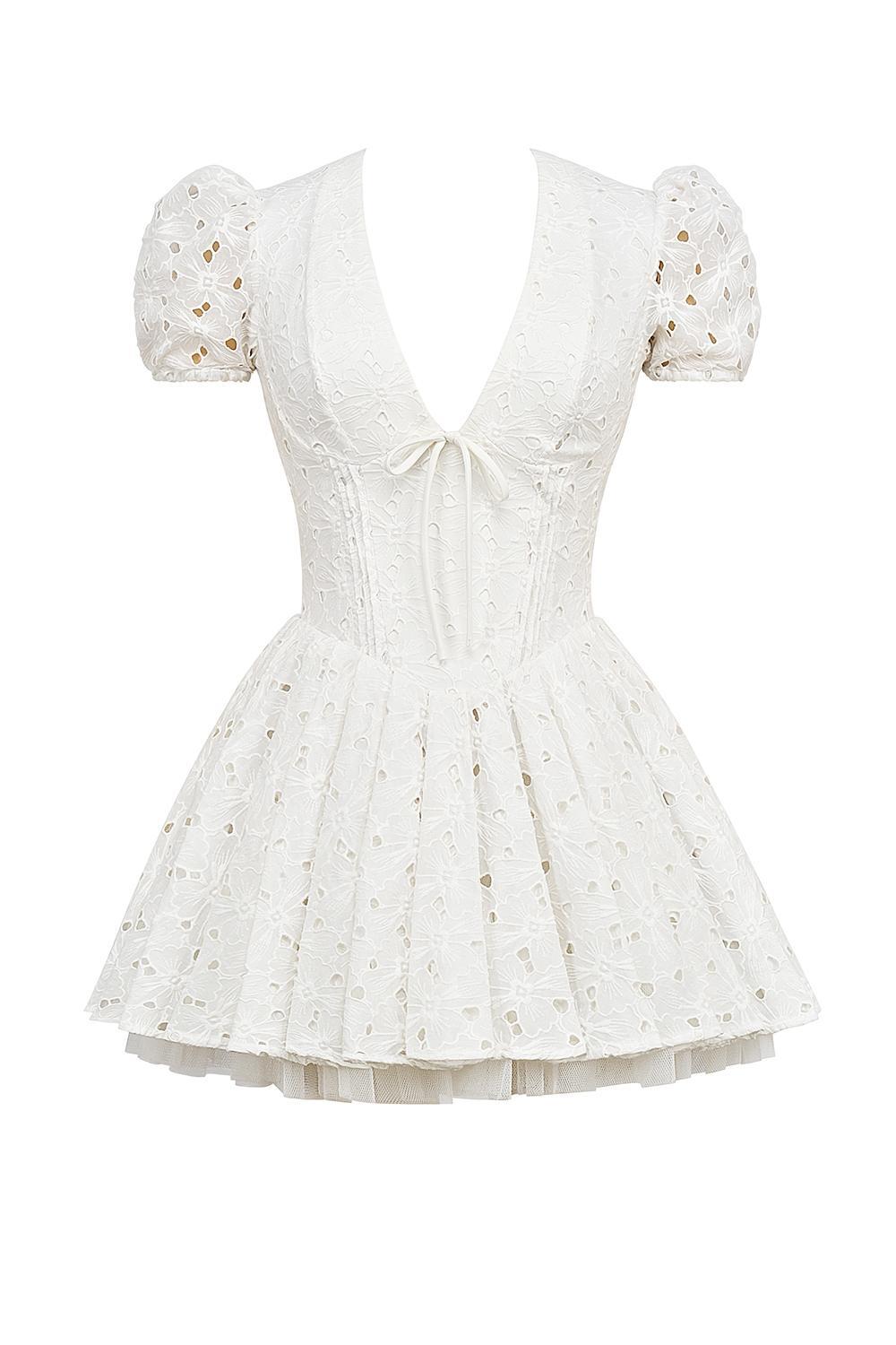 Imani White Pleated Broderie Anglais Mini Dress Product Image