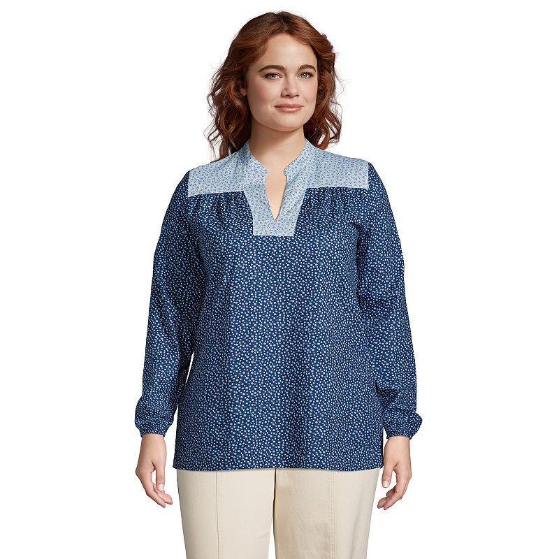 Plus Size Lands End Poplin Peasant Top, Womens Blue Product Image