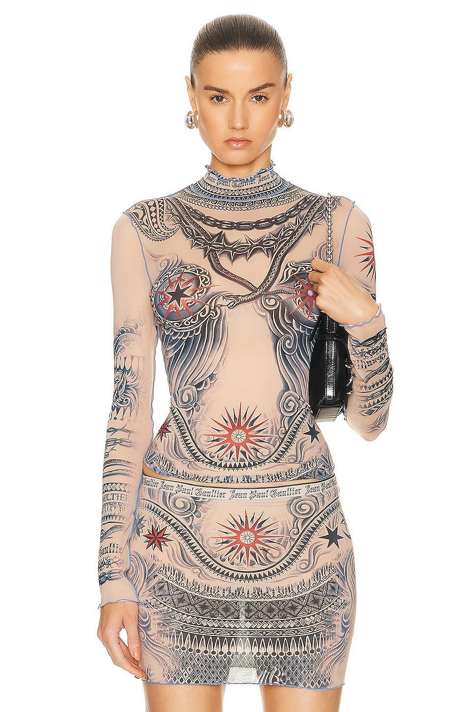 Jean Paul Gaultier Printed Soleil Long Sleeve High Neck Top in Nude Product Image