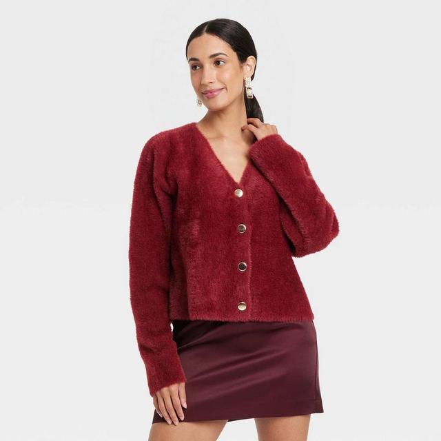 Womens Fuzzy Party Cardigan - A New Day Burgundy L Product Image