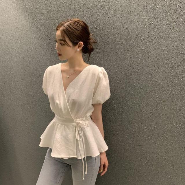 Puff Sleeve V-Neck Plain Peplum Wrap Blouse Product Image