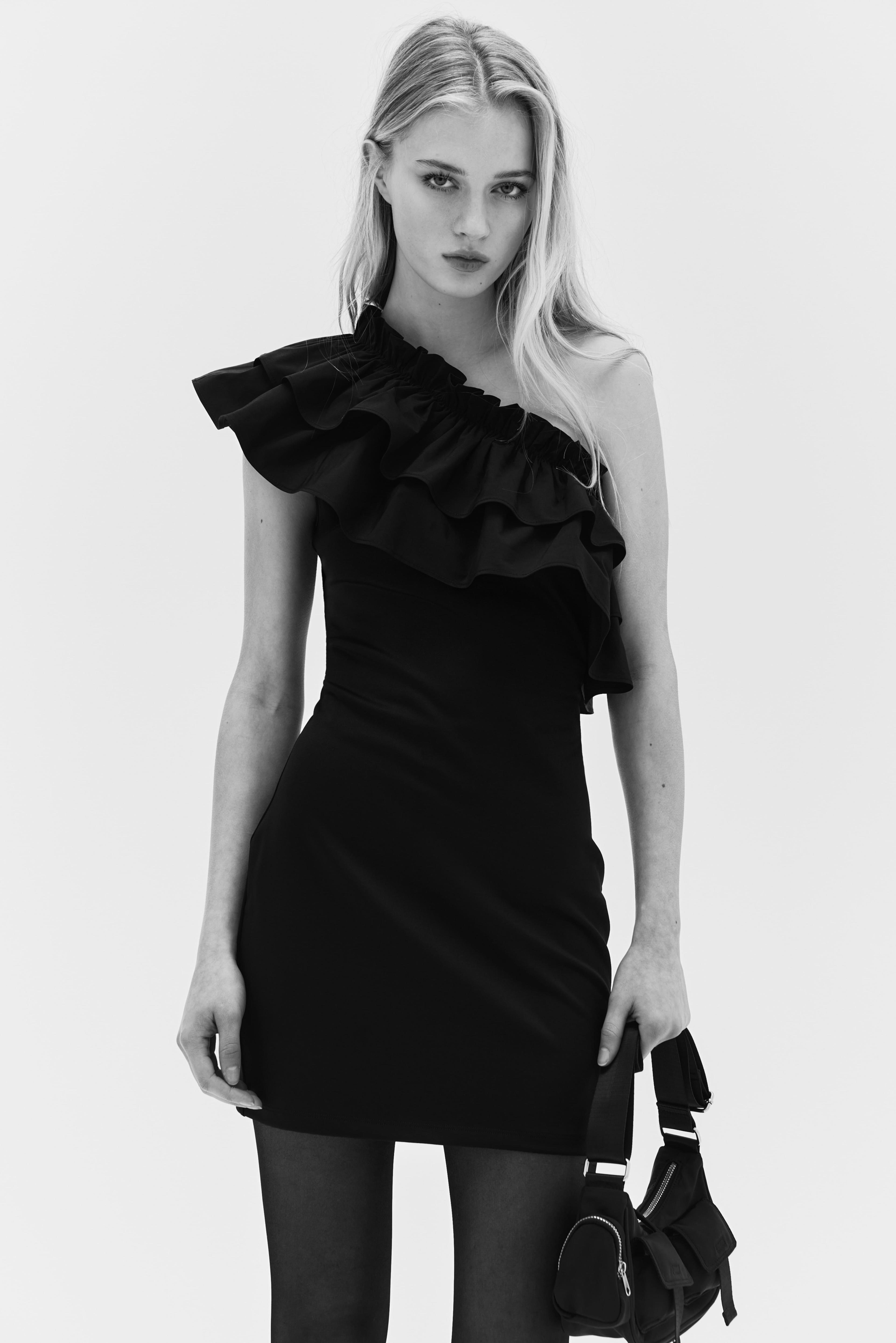 Ruffle-Trimmed One-Shoulder Dress Product Image