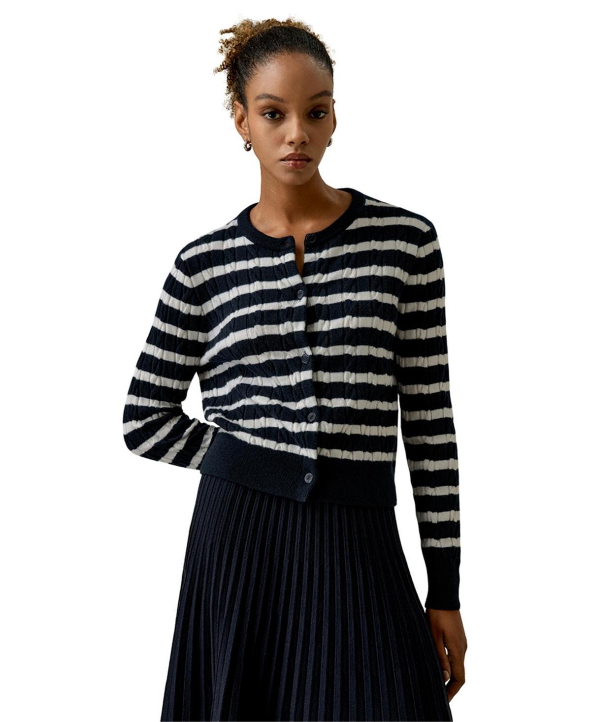 Lilysilk Womens Striped Cable-Knit Cashmere Cardigan Product Image