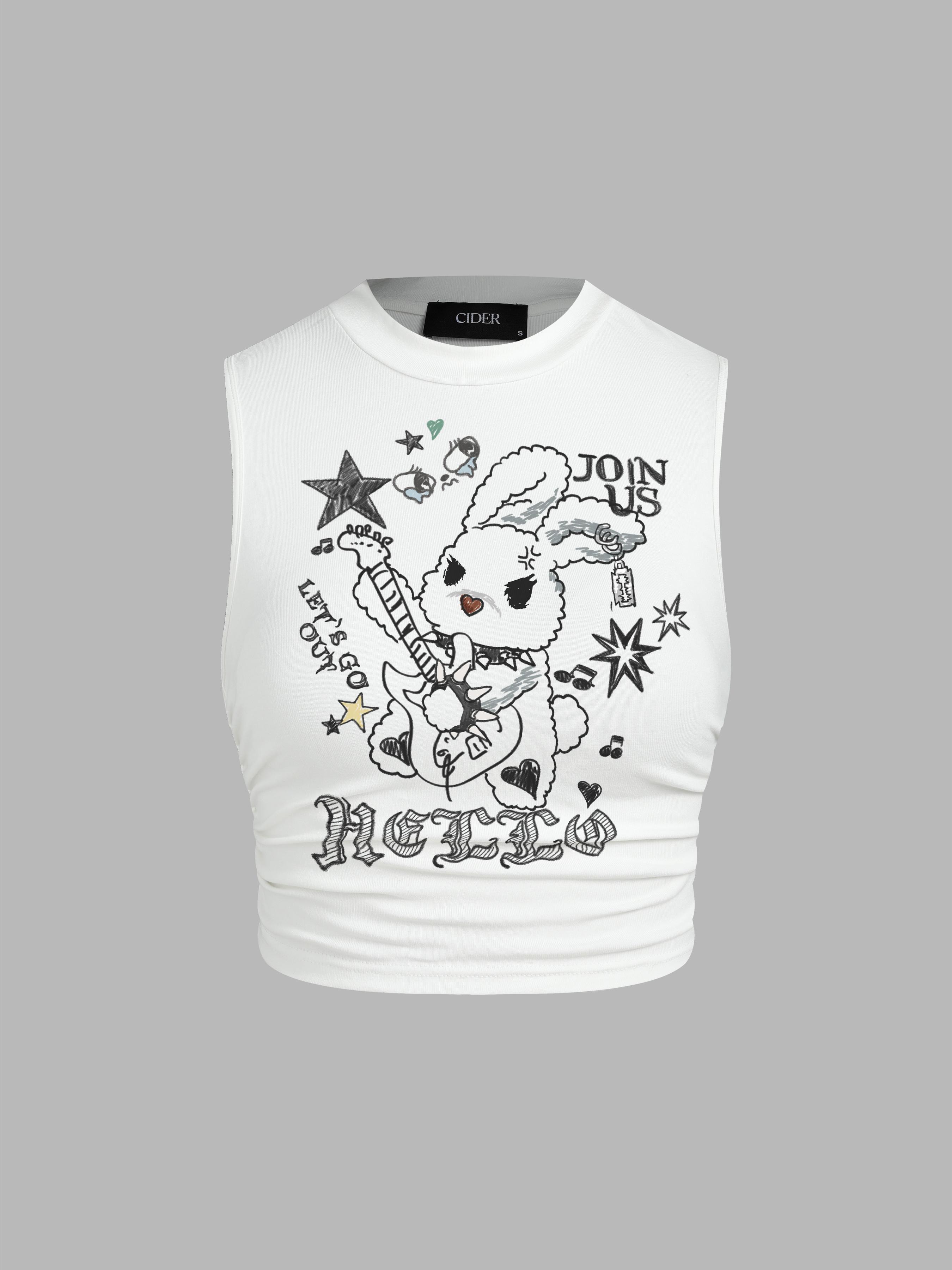 Round Neckline Guitar Rabbit Graphic Ruched Crop Tank Top Product Image