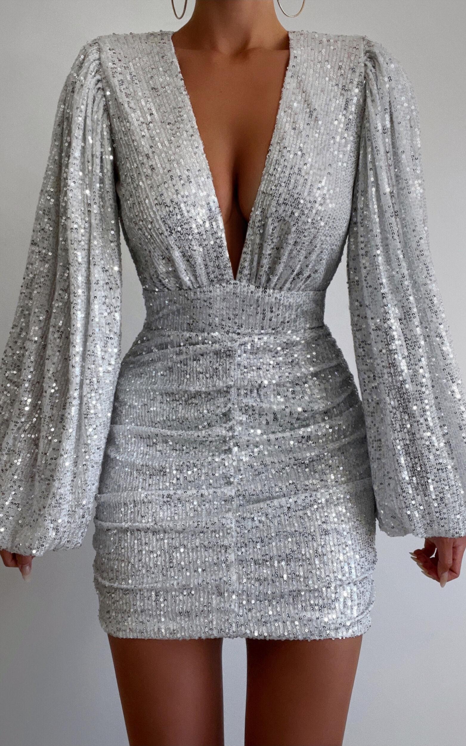 Rhylee Mini Dress - Long Sleeve Ruched Dress in Silver Sequin product image