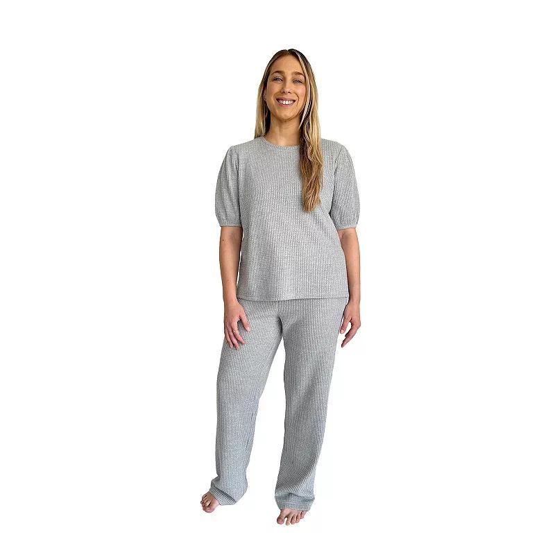 Womens Peace, Love & Dreams Puff Sleeve Waffle Pajama Top & Pajama Bottoms Set Grey Product Image