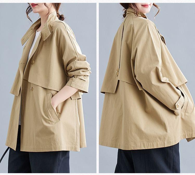 Stand Collar Plain Single-Breasted Trench Jacket Product Image