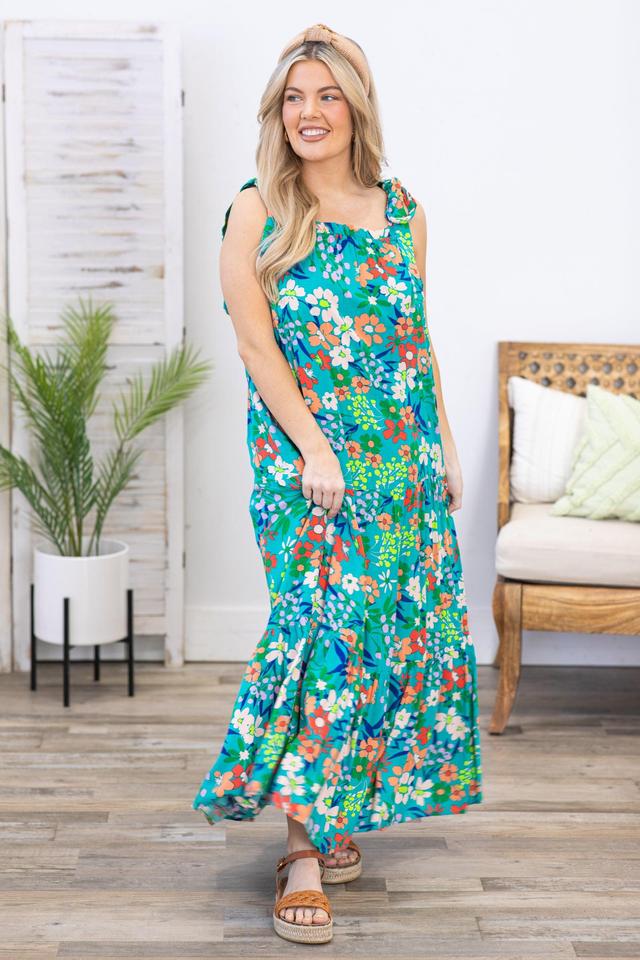 Teal Multicolor Floral Print Maxi Dress Product Image