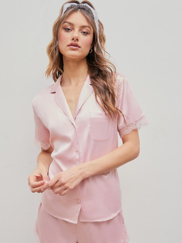 Satin Collar Lace Button Up Pajama Top Product Image