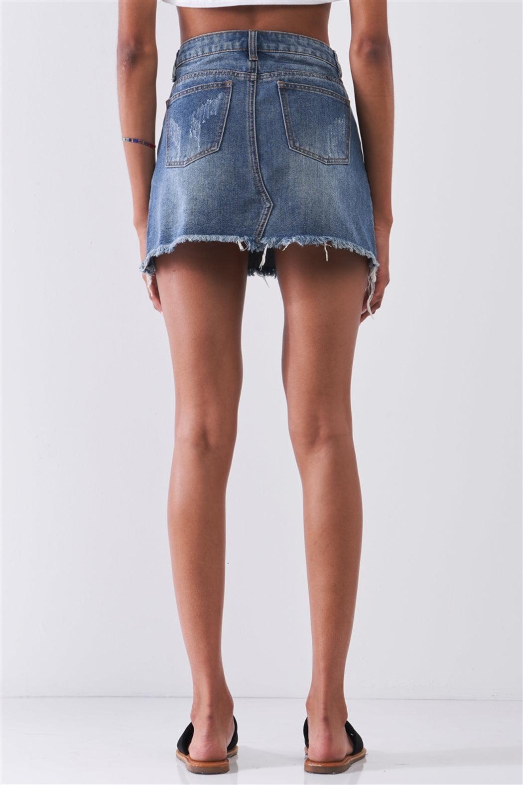 Mid Denim High Waist Distressed Raw Hem Detail Mini Skirt *Damaged* Product Image