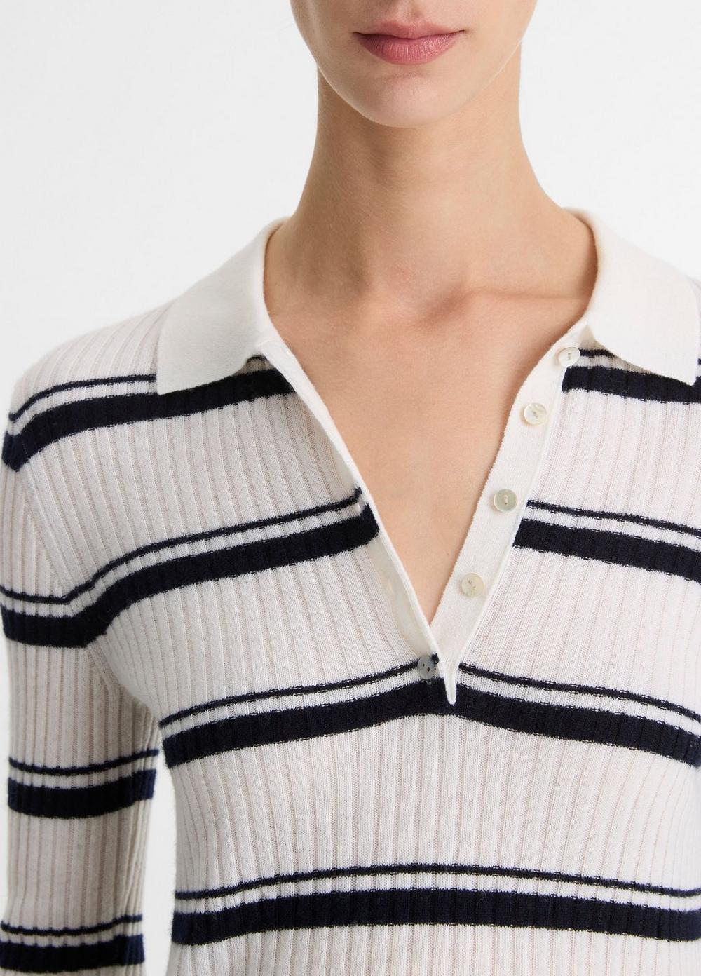 Womens Striped Cashmere-Blend Polo Sweater, Coastal Blue/off White, Size L Vince Product Image