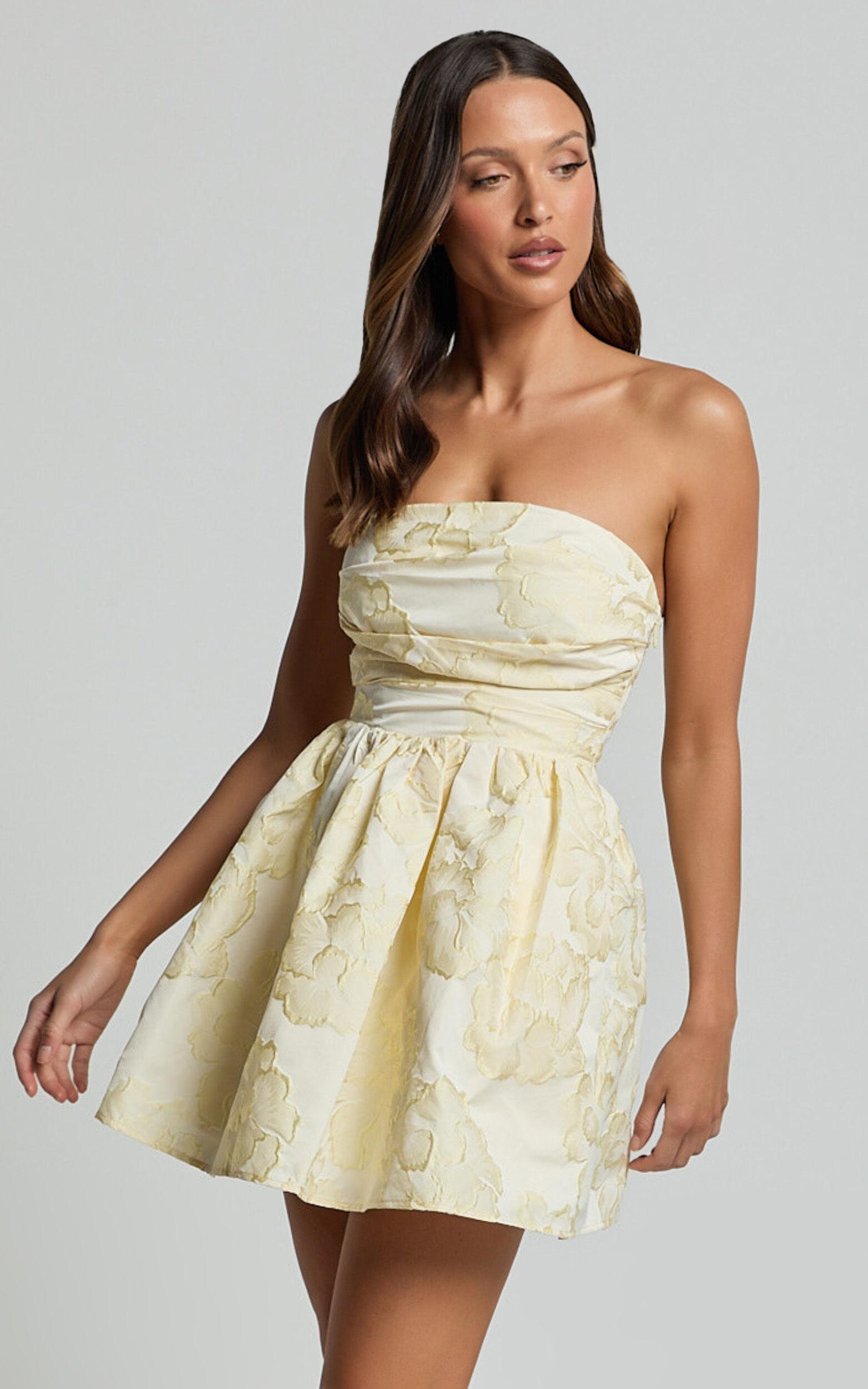 Laure Mini Dress - Strapless Jacquard Dress in Lemon Product Image