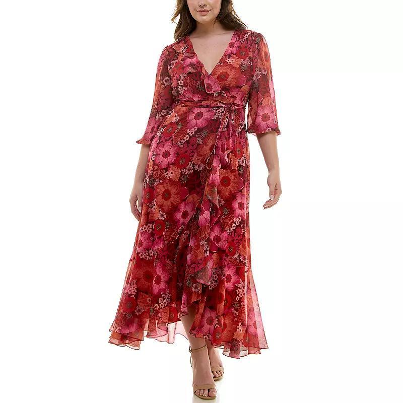 Plus Size Maison Tara Faux Wrap Ruffle Maxi Dress, Womens Red Product Image