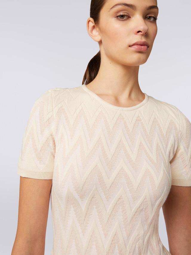 Crew-neck dress in cotton chevron with lurex Beige | Missoni Product Image