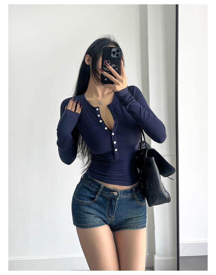 Long-Sleeve Slim-Fit Crop Henley Product Image