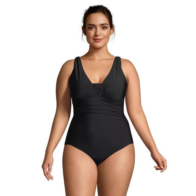 Plus Size Lands End Grecian Slendersuit Tummy Control One-Piece Swimsuit, Womens Black Product Image