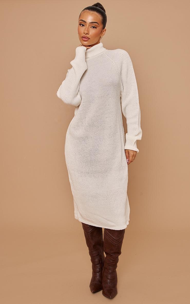 Petite Cream Roll Neck Oversized Midi Sweater Dress Product Image