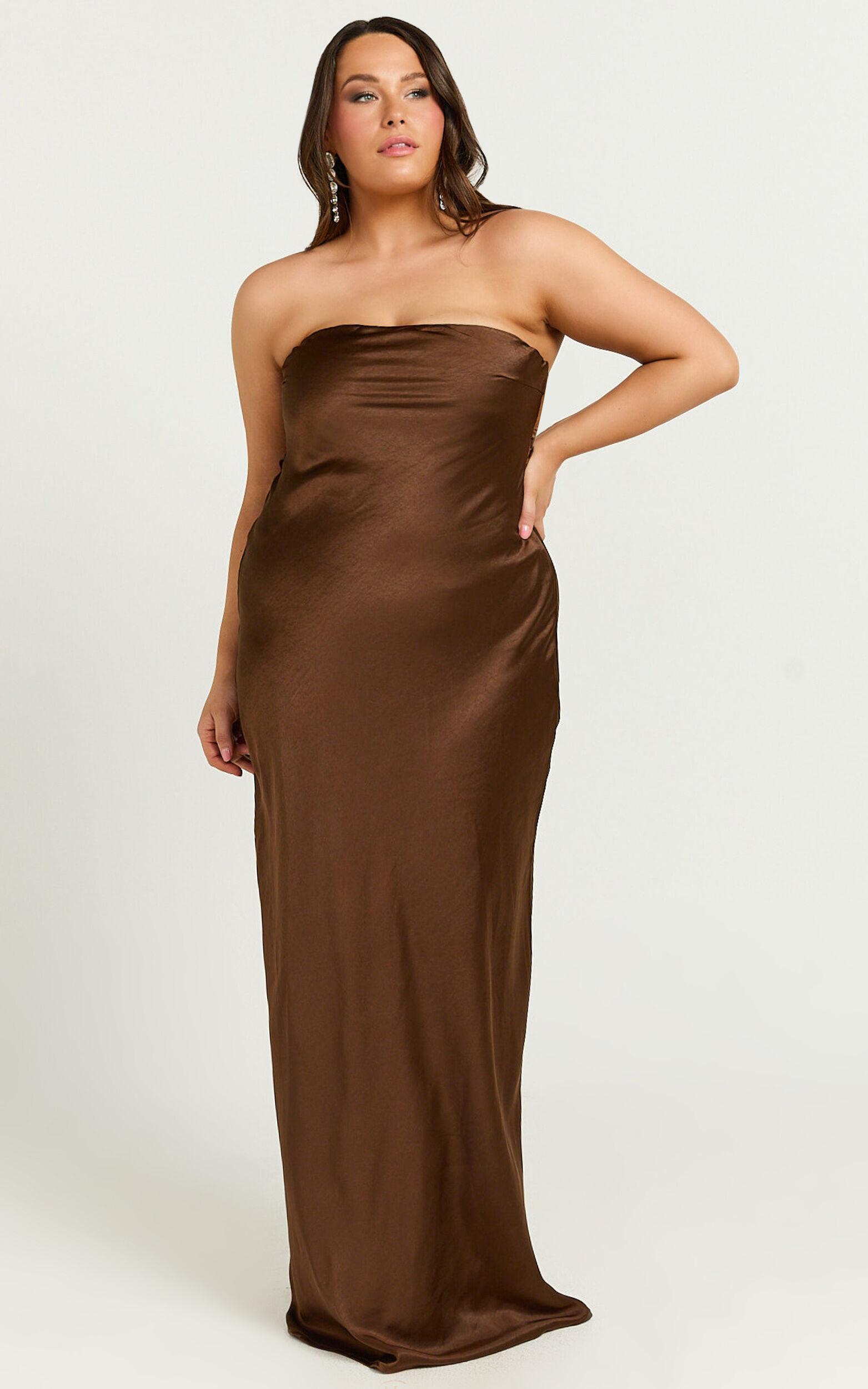 Charlita Maxi Dress - Strapless Cowl Back Satin Dress in Chocolate Product Image