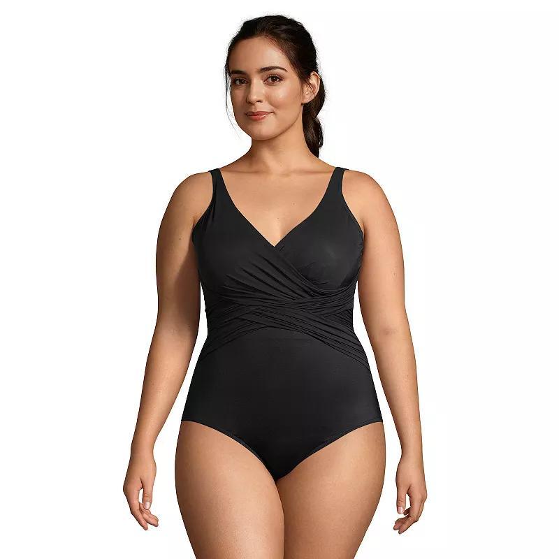 Plus Size Lands End SlenderSuit DDD-Cup Surplice One-Piece Swimsuit, Womens Black Product Image