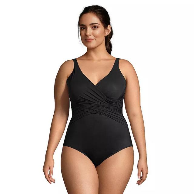 Plus Size Lands End SlenderSuit Tummy Control Surplice One-Piece Swimsuit, Womens Product Image