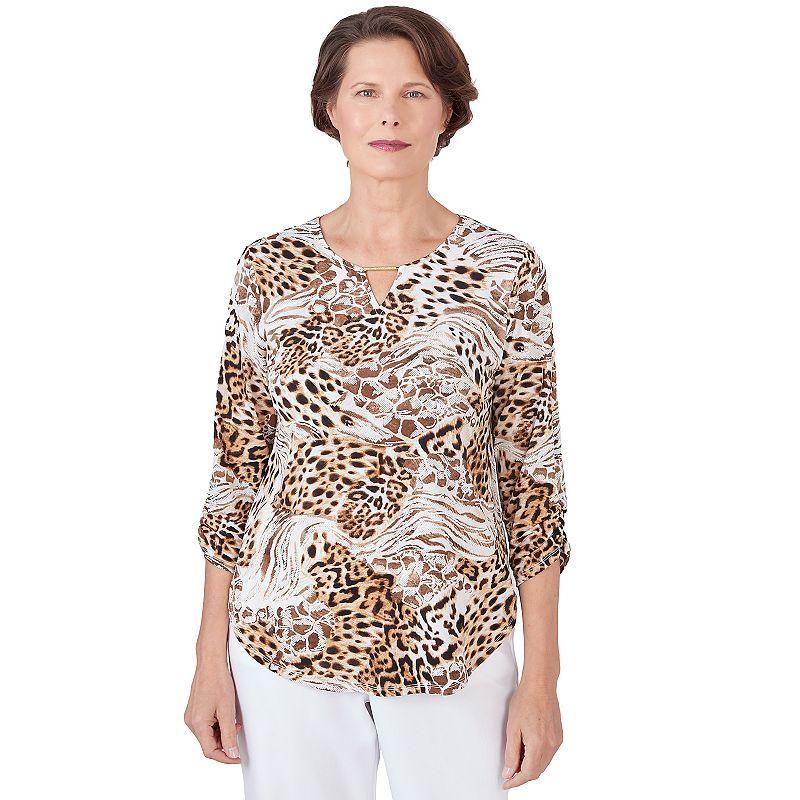 Alfred Dunner Petite Classic Puff Print Mixed Animal Print Split Neck Top Product Image