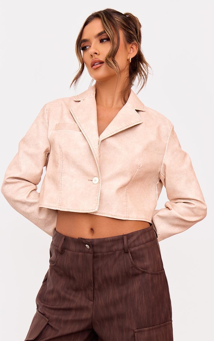 Cream Distressed Faux Leather Crop Jacket Product Image