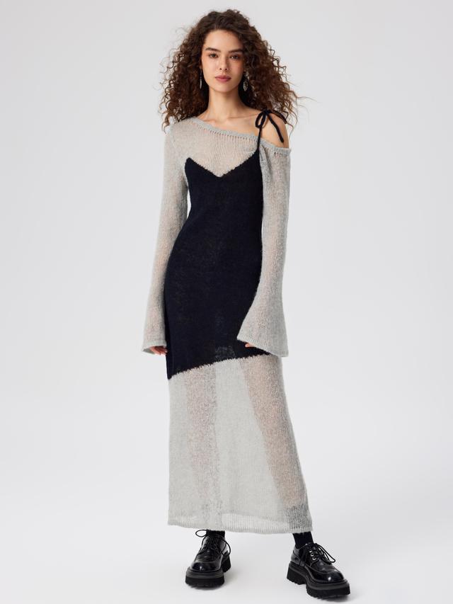 Wool-blend Asymmetrical Neck Solid Bell Sleeve Knitted Maxi Dress Product Image