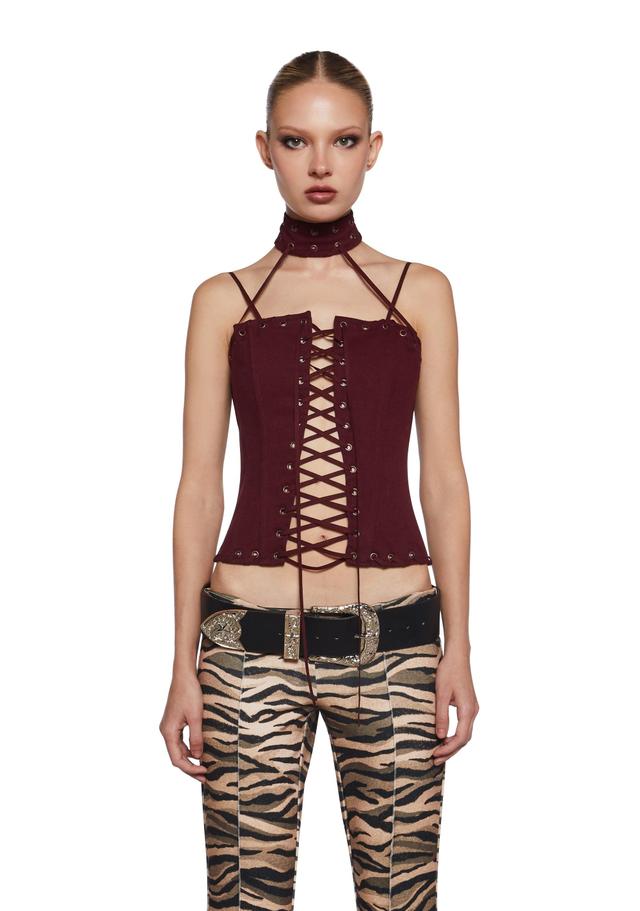 Twill Lace-up Grommet Corset Top Current Mood - Dark Red Product Image