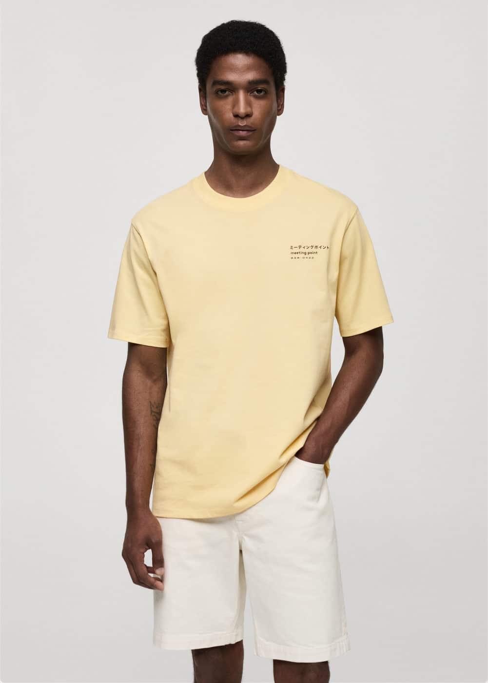 MANGO MAN - Printed cotton-blend T-shirt pastel yellowMen Product Image