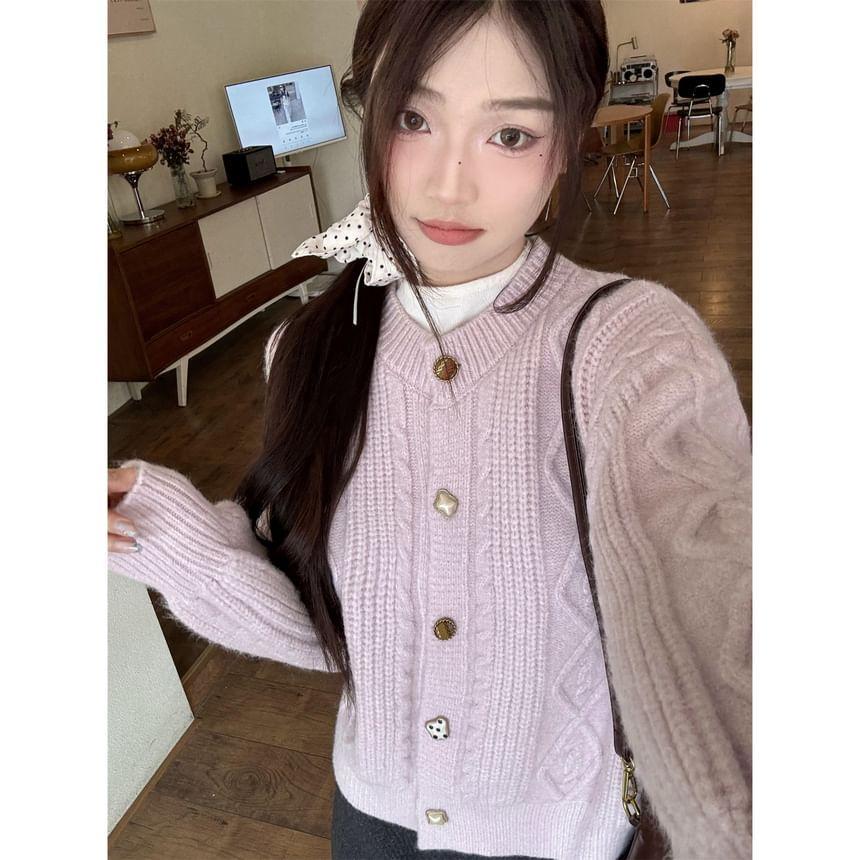 Round Neck Plain Cable-Knit Cardigan Product Image