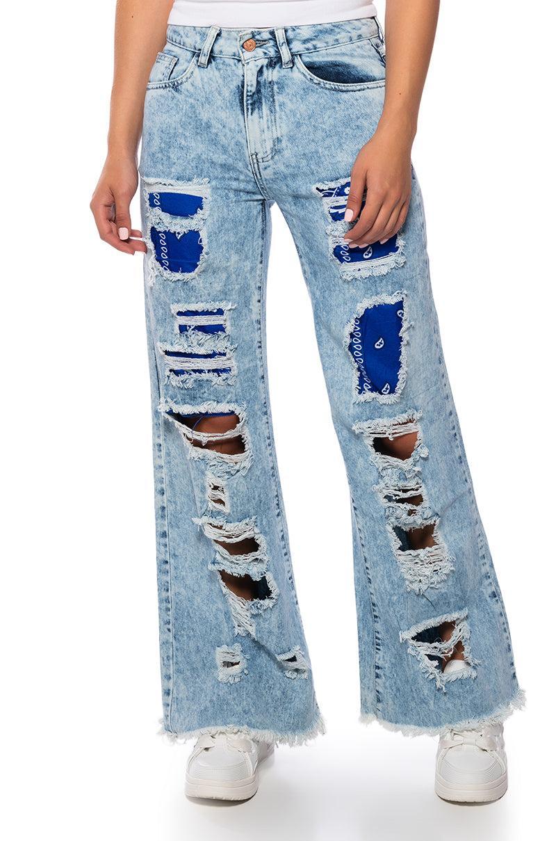 YOUR NEW FAVORITE DISTRESSED PATCHWORK FLARED JEANS product image