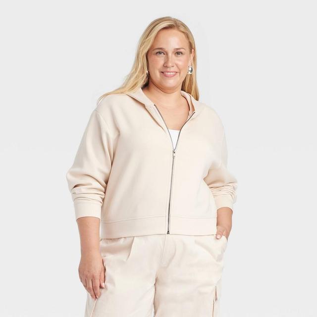 Womens Double Knit Zip Hoodie Sweatshirt - A New Day Cream 1X Product Image