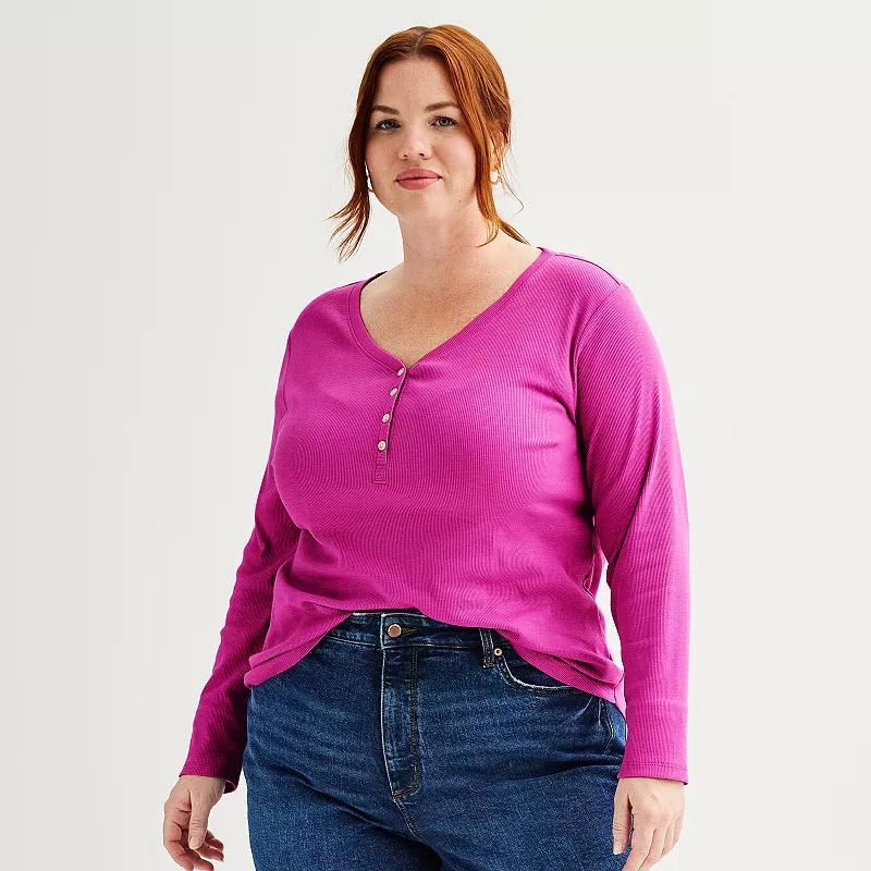 Plus Size Sonoma Goods For Life Ribbed Long Sleeve Henley, Womens Fantasy Pink Product Image