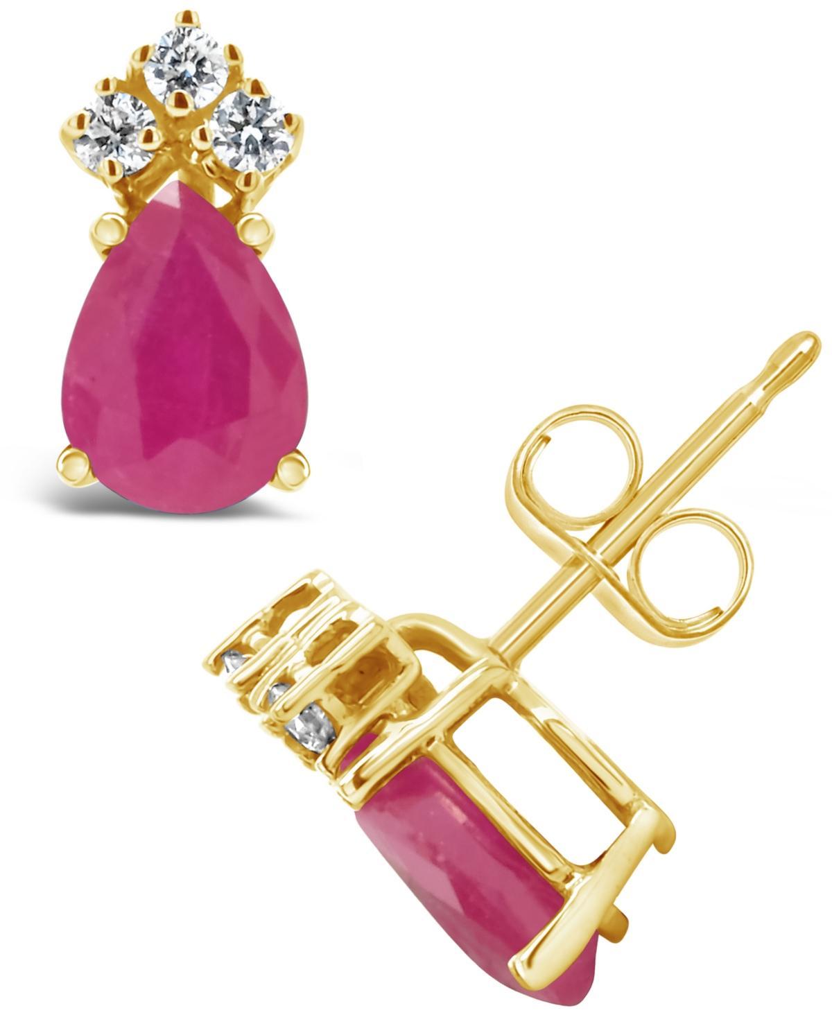 Celebration Gems 14K Yellow Gold 7x5 Pear Shaped Sapphire & 1/8 Carat T.W. Diamond Earrings, Womens, Red Product Image