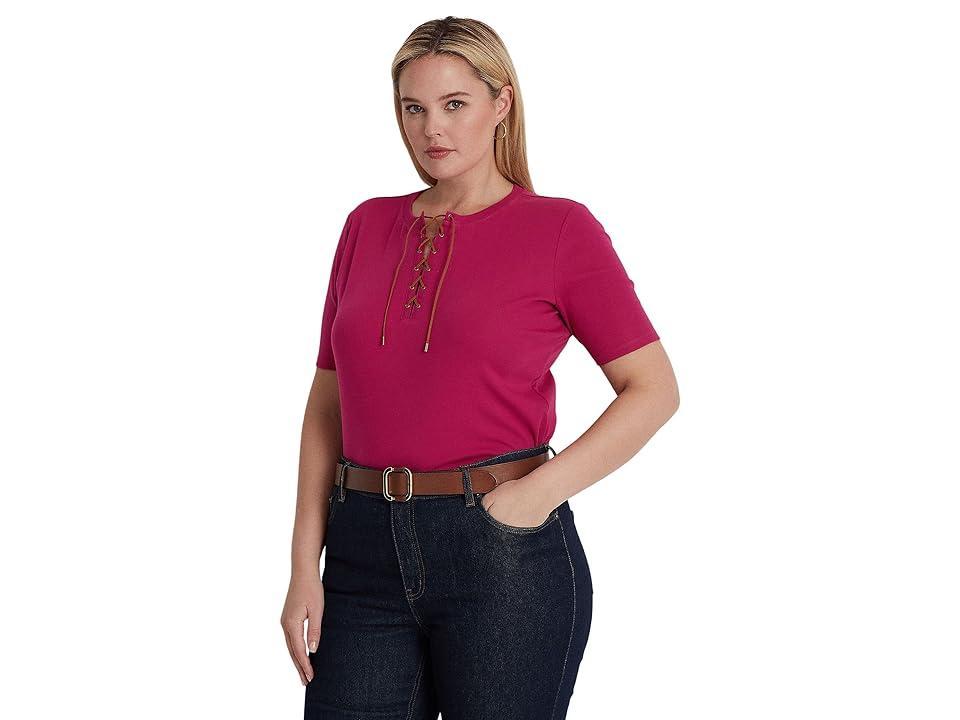 Lauren Ralph Lauren Plus Size Lace-Up Stretch Cotton Tee (Fuchsia Berry) Women's Clothing Product Image