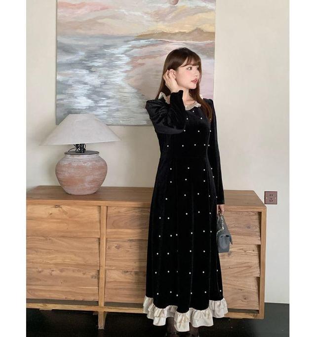 Long Sleeve Collared Ruffle Faux Pearl Beaded Panel Velvet Maxi A-Line Dress Product Image