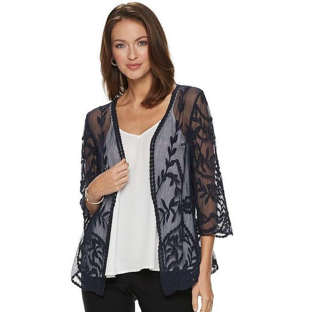 Womens Nina Leonard Floral Embroidered Mesh Long Bolero Blue Product Image