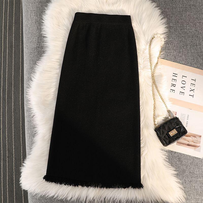 High Rise Plain Fringed Slit Knit Midi Straight Skirt product image