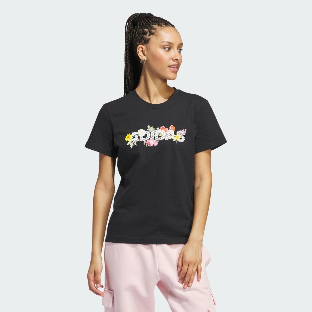 adidas Floral Mesh Graphic Tee Black XS Womens Product Image