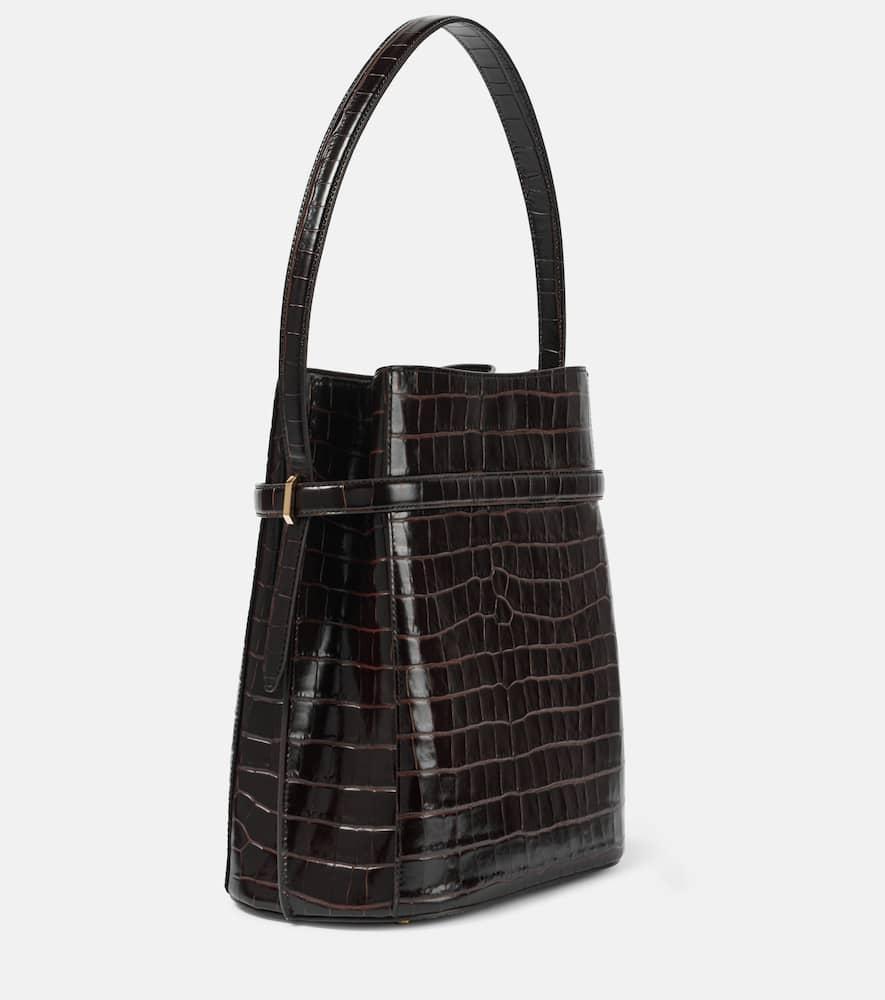 Belted Croco-embossed Bucket Bag Dark Brown Product Image