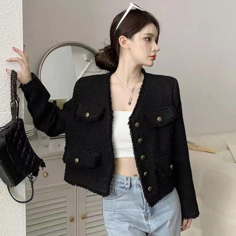 V-Neck Plain Fringed Tweed Crop Button Jacket Product Image